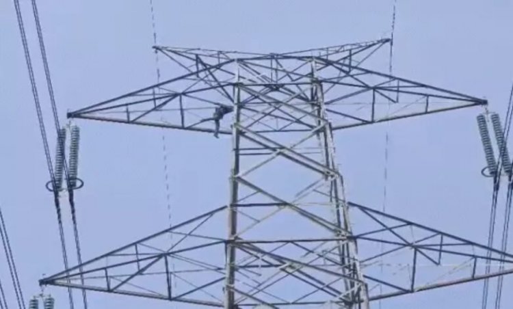 धान बिक्री न होने से परेशान किसान हाईटेंशन टावर पर चढ़ा: 120 फीट ऊंचाई पर 3 घंटे बैठा रहा, पुलिस ने उतारकर किया गिरफ्तार